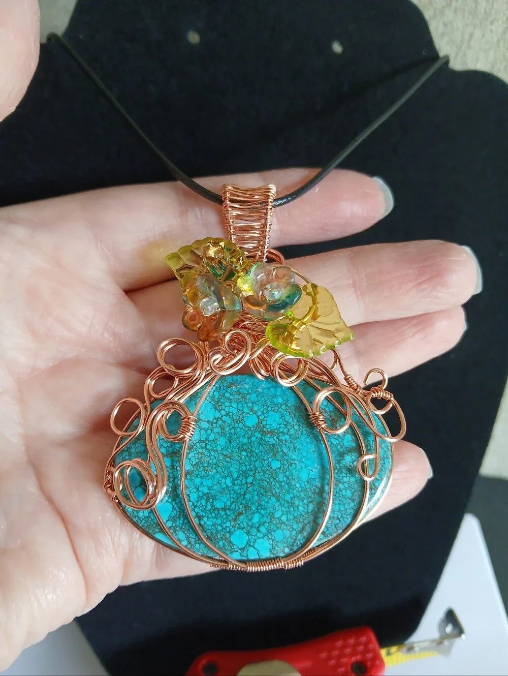 Blue turquoise copper wire wrapped pumpkin necklace with flowers new handmade